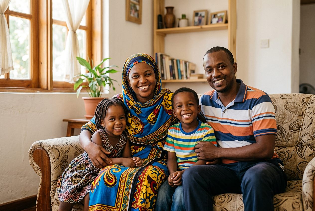 Une famille comorienne souriante, réunie à la maison
