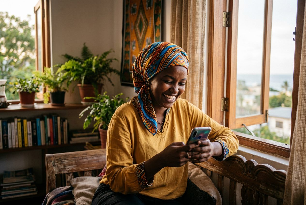 Une femme comorienne utilise son smartphone pour accéder aux services AMG